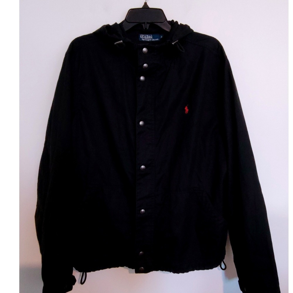 Polo Ralph Lauren Mens Black Cotton Hooded Windbreaker Jacket Snap Front Size M
